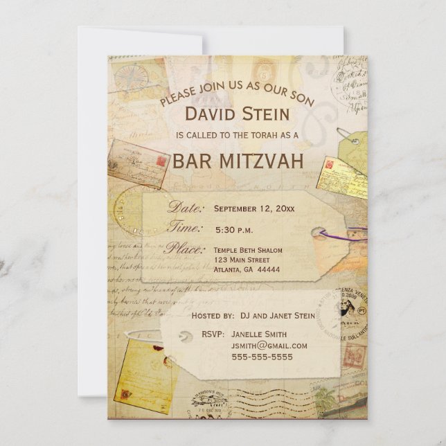 Bar Mitzvah Invitation with a travel theme (Front)