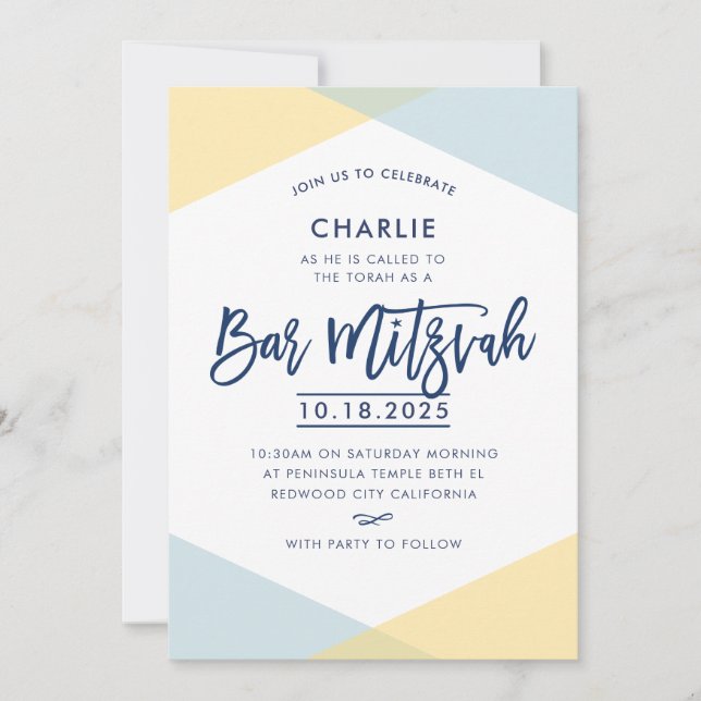 BAR MITZVAH INVITE hand lettered navy blue yellow (Front)