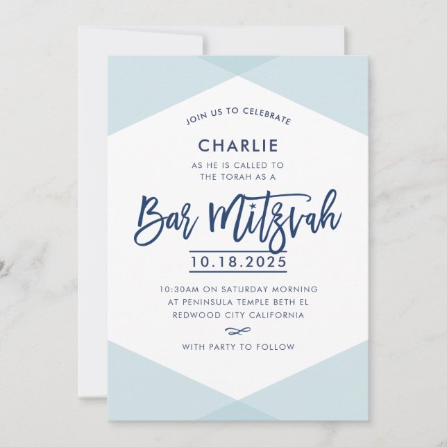 BAR MITZVAH INVITE hand lettered navy pale blue (Front)