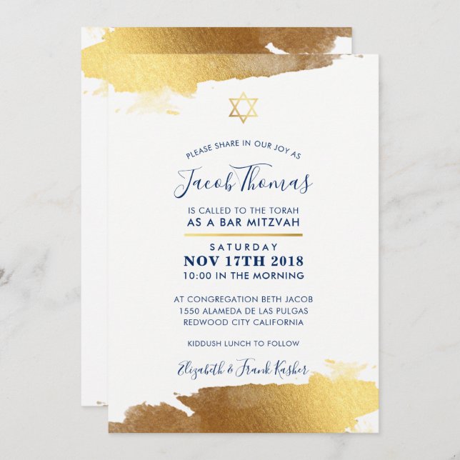 BAR MITZVAH INVITE modern gilded gold navy blue (Front/Back)