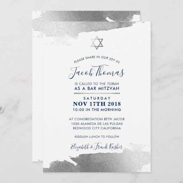 BAR MITZVAH INVITE modern gilded silver navy blue (Front/Back)