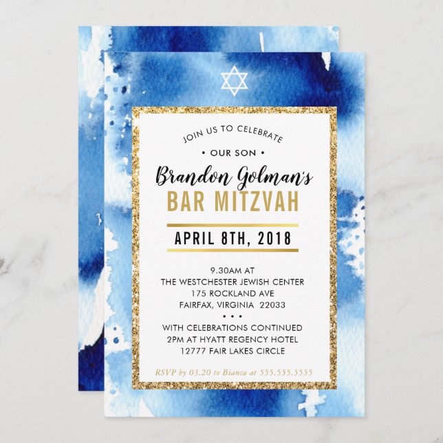 BAR MITZVAH INVITE modern watercolor cool blue (Front/Back)