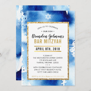 BAR MITZVAH INVITE modern watercolor cool blue