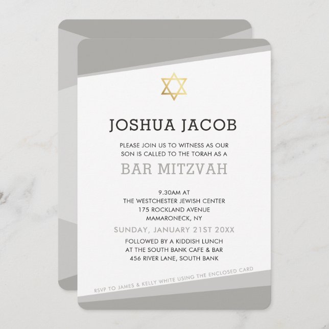 BAR MITZVAH INVITE simple modern cool grey (Front/Back)