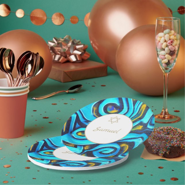 Bar Mitzvah Jewish Modern Blue Pattern  Paper Plate (Multi)