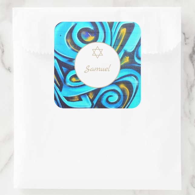 Bar Mitzvah Jewish Modern Blue Pattern  Square Sticker (Bag)