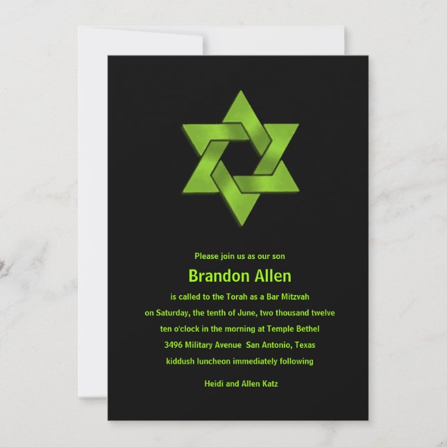 Bar Mitzvah Lime Green on Black, Star of David Invitation (Front)
