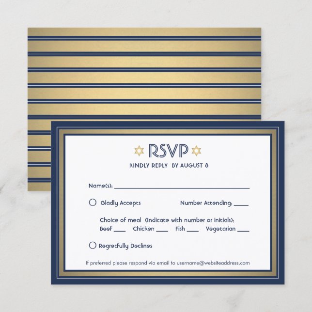 Bar Mitzvah Meal Options Navy Blue White and Gold RSVP Card (Front/Back)
