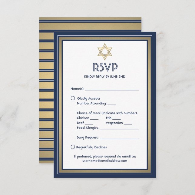 Bar Mitzvah Meal Options Song Request Blue Gold RSVP Card (Front/Back)