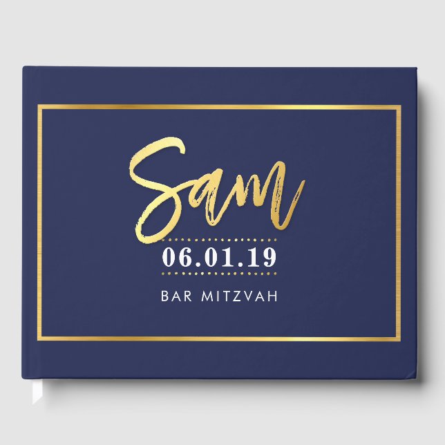 BAR MITZVAH MEMORIES modern navy + gold name SAM Guest Book (Front)