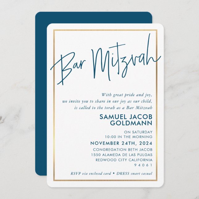 BAR MITZVAH minimal modern dark blue gold frame Invitation (Front/Back)