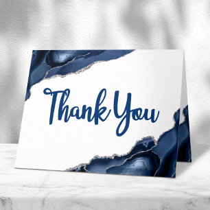 Bar Mitzvah Minimal Navy Blue Agate Script Blank Thank You Card