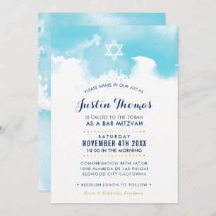 BAR MITZVAH modern aqua blue watercolor invite