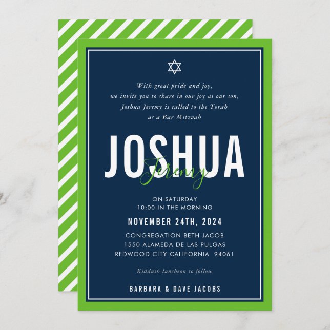 BAR MITZVAH modern athletic boy nfl green navy Inv Invitation (Front/Back)
