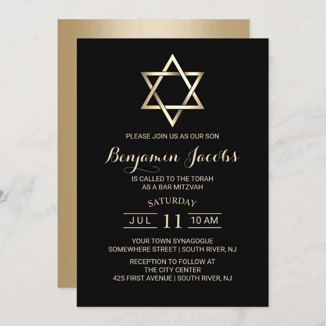 Bar Mitzvah Modern Black & Gold Jewish Invitation (Front/Back)