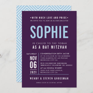 BAR MITZVAH modern block type aubergine pale blue  Invitation