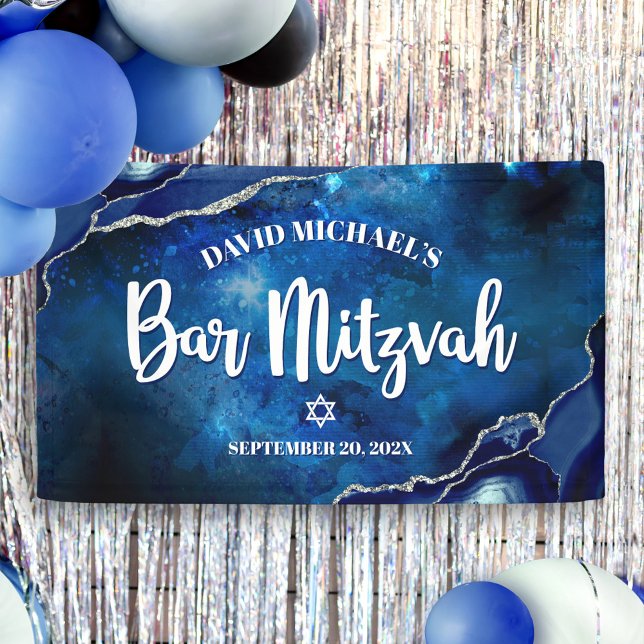 Bar Mitzvah Modern Blue Agate Watercolor Script Banner (Creator Uploaded)