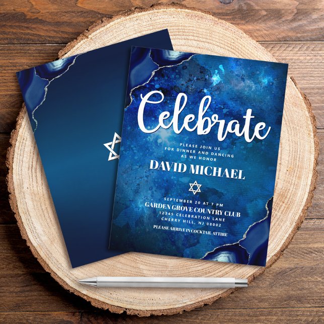 Bar Mitzvah Modern Blue Agate Watercolor Script  Enclosure Card (Creator Uploaded)
