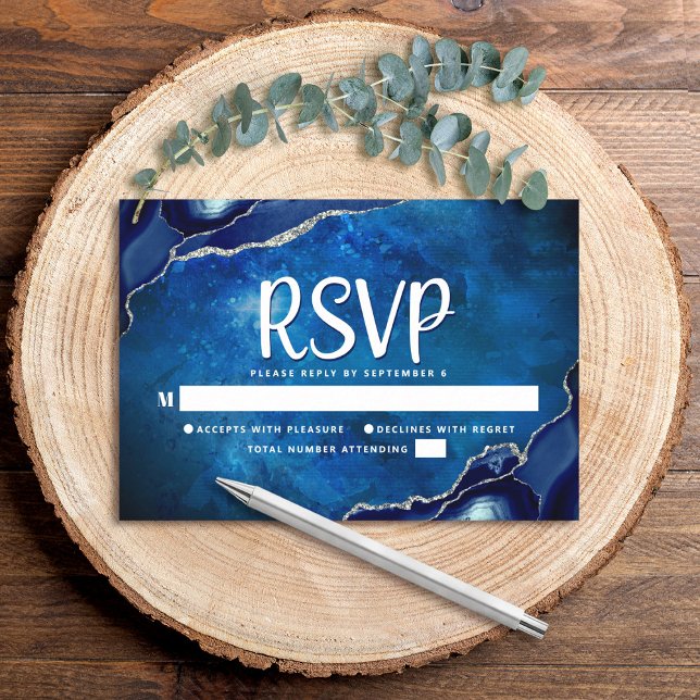 Bar Mitzvah Modern Blue Agate Watercolor Script RSVP Card (Creator Uploaded)