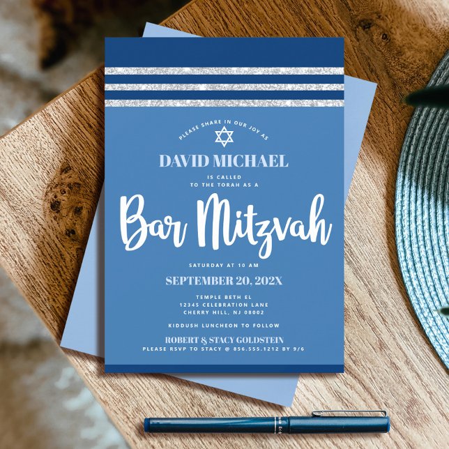 Bar Mitzvah Modern Blue Silver Tallit Bold Script  Invitation (Creator Uploaded)