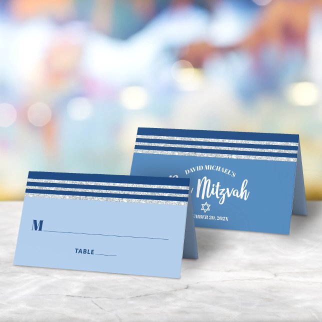 Bar Mitzvah Modern Blue Silver Tallit Bold Script Place Card (Creator Uploaded)