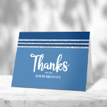 Bar Mitzvah Modern Blue Silver Tallit Bold Script Thank You Card<br><div class="desc">Make sure your favourite Bar Mitzvah shows his appreciation to all who supported his milestone event! Send out this cool, unique, modern, personalised thank you card. Bold, white script typography, Star of David and a navy blue and silver glitter striped tallit inspired graphic overlay a simple, cornflower blue background. Another...</div>
