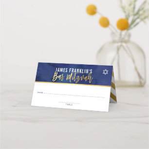 BAR MITZVAH modern blue watercolor gold writing Place Card