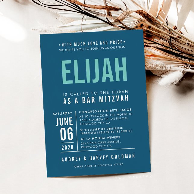 BAR MITZVAH modern bold block dark blue mint Invitation (Creator Uploaded)