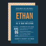 BAR MITZVAH modern bold block dark blue orange Invitation<br><div class="desc">by kat massard >>> WWW.SIMPLYSWEETPAPERIE.COM <<< - - - - - - - - - - - - CONTACT ME to help with balancing your type perfectly Love the design, but would like to see some changes - another colour scheme, product, add a photo or adapted for a different occasion...</div>