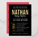 BAR MITZVAH modern bold block type black red gold<br><div class="desc">by kat massard >>> WWW.SIMPLYSWEETPAPERIE.COM <<< - - - - - - - - - - - - With real shiny gold foil elements! CONTACT ME to help with balancing your type perfectly Love the design, but would like to see some changes - another colour scheme, product, add a photo...</div>
