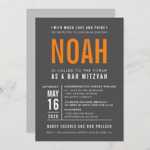 BAR MITZVAH modern bold block type grey orange Invitation