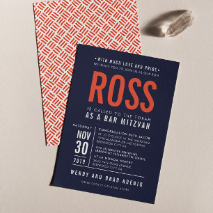 BAR MITZVAH modern bold block type navy orange red Invitation