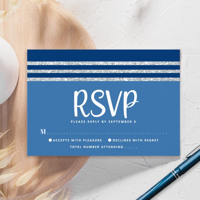 Bar Mitzvah Modern Bold Blue Silver Tallit Script  RSVP Card (Creator Uploaded)