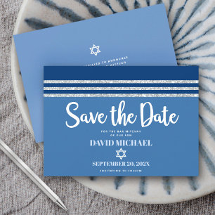 Bar Mitzvah Modern Bold Blue Silver Tallit Script Save The Date