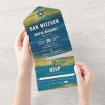 Bar Mitzvah Modern Bold Type Turquoise Gold Foil All In One Invitation<br><div class="desc">Be proud, rejoice and showcase this milestone of your favourite Bar Mitzvah! Send out this cool, unique, modern, custom all-in-one invitation for an event to remember. Metallic gold foil brush strokes and navy blue Stars of David along with bold, white typography, overlay a rich, turquoise blue ombre paint background. This...</div>