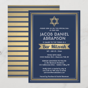 Bar Mitzvah Modern Elegant Navy Blue White & Gold Invitation
