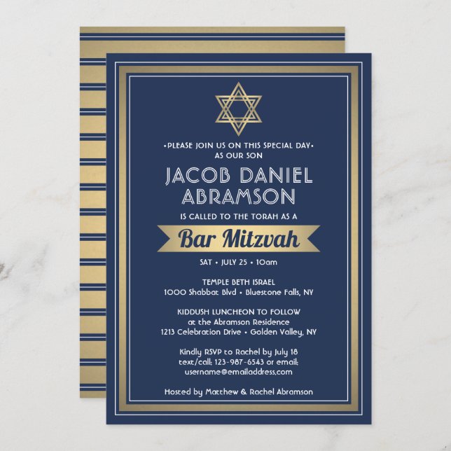 Bar Mitzvah Modern Elegant Navy Blue White & Gold Invitation (Front/Back)
