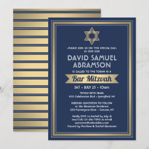 Bar Mitzvah Modern Elegant Navy Blue White & Gold Invitation