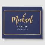 BAR MITZVAH modern faux gold name calligraphy navy Guest Book<br><div class="desc">by kat massard >>> WWW.SIMPLYSWEETPAPERIE.COM <<<
more matching items in store</div>