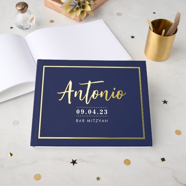BAR MITZVAH modern faux gold name calligraphy navy Guest Book (Front Open)