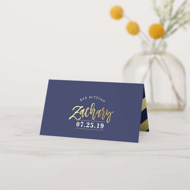 BAR MITZVAH  modern faux gold on navy for ZACHARY Place Card (Back)