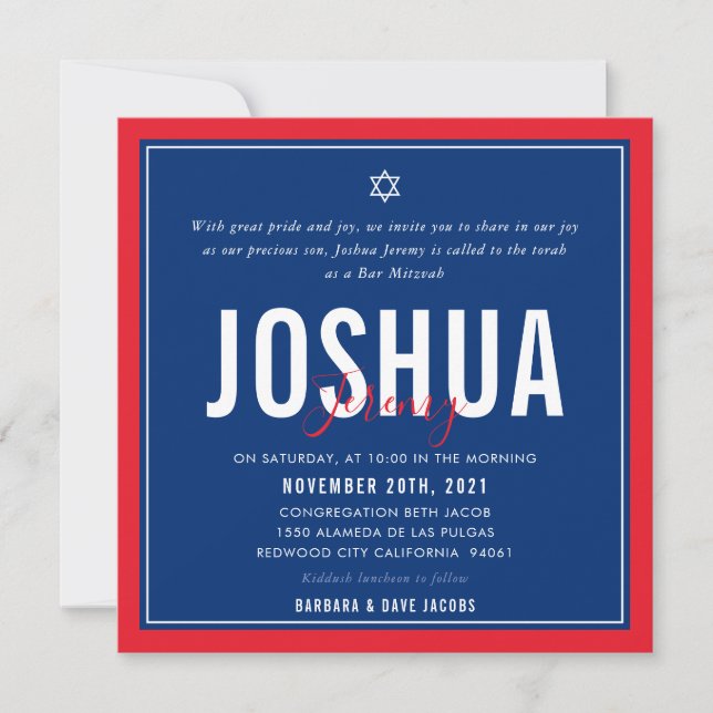 BAR MITZVAH modern football blue red QRCODE Invitation (Front)