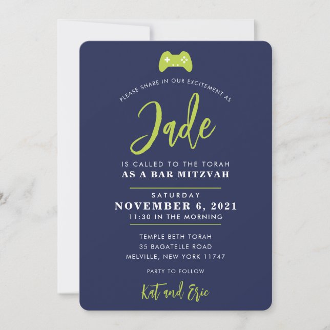 BAR MITZVAH modern gaming control navy lime green Invitation (Front)