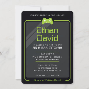 BAR MITZVAH modern gaming controls black green Invitation