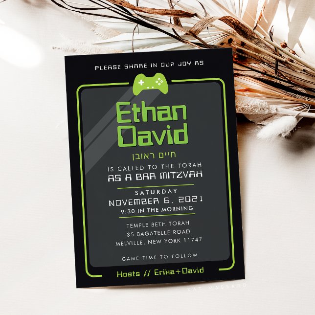 BAR MITZVAH modern gaming controls black lime Invitation (Creator Uploaded)