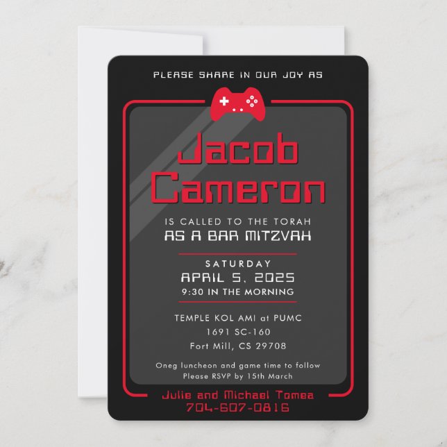 BAR MITZVAH modern gaming controls cool black red Invitation (Front)