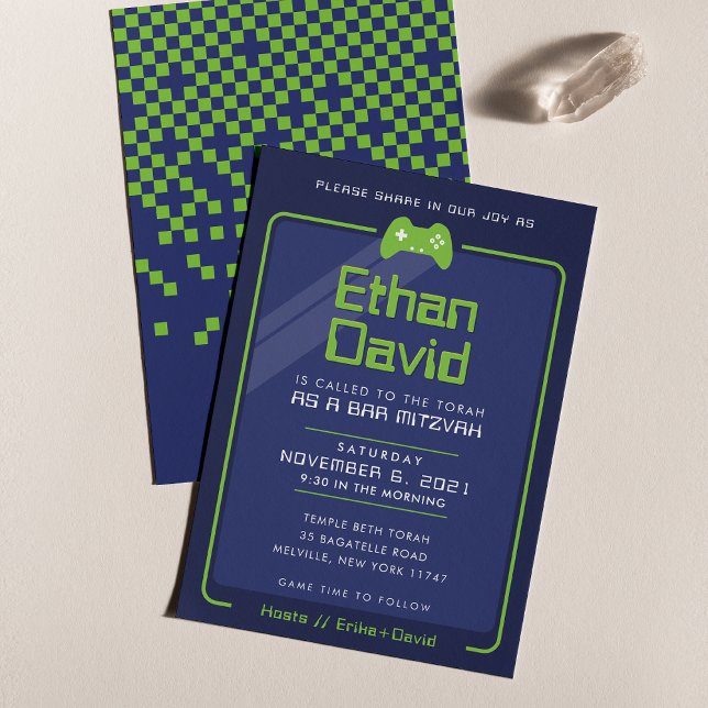 BAR MITZVAH modern gaming controls navy neon green Invitation (Creator Uploaded)