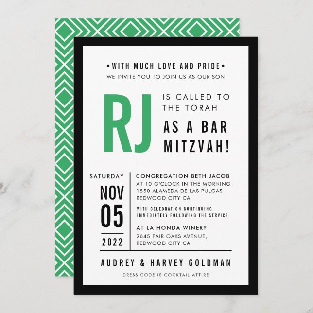 BAR MITZVAH modern geometric kelly green black Invitation (Front/Back)