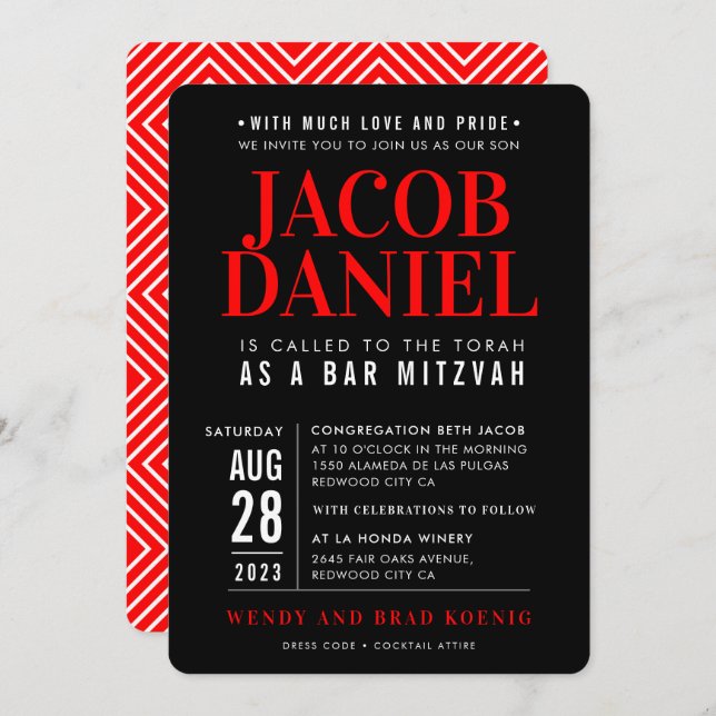 BAR MITZVAH modern geometric stack black red Invit Invitation (Front/Back)