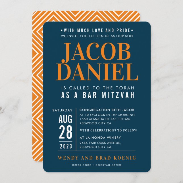 BAR MITZVAH modern geometric stack blue orange Invitation (Front/Back)